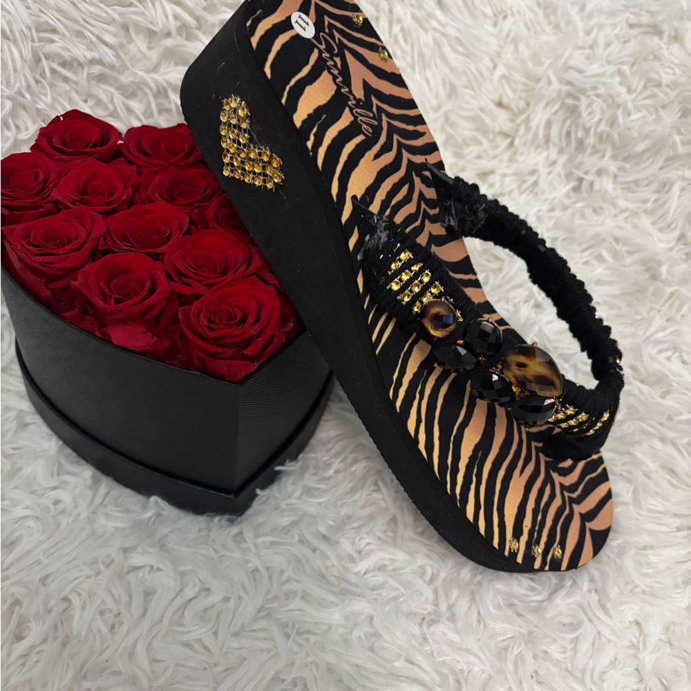 💗. S-20. Handmade Women’s Black and Tan Zebra Print Embellished Platform FF